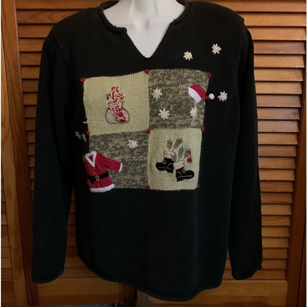 Ugly Christmas Sweater Knit Black Holiday Party Tacky Top Contest Pre owned